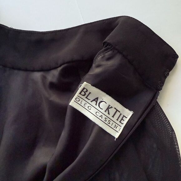 Vintage Black Tie Oleg Cassini Dress w/ Sheer Long Sleeves Beaded Detail Maxi - Picture 12 of 16